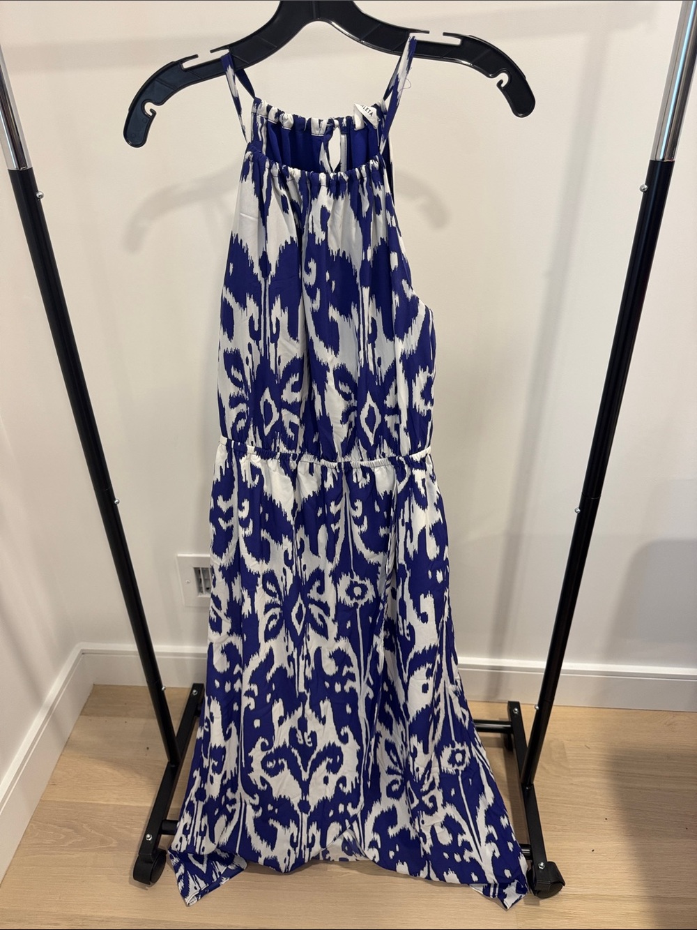 Athleta Blue and White Ikat Halter Maxi Dress